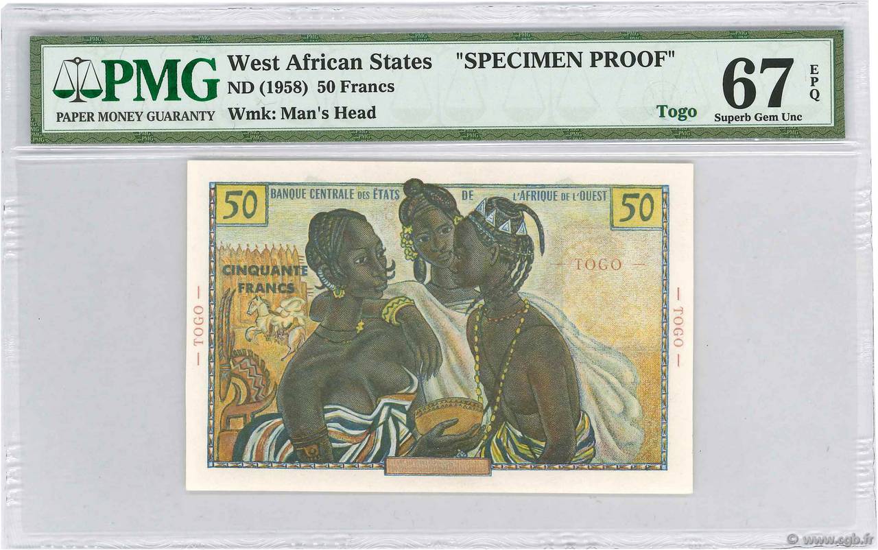 50 Francs Spécimen ESTADOS DEL OESTE AFRICANO  1956 P.45s8 FDC