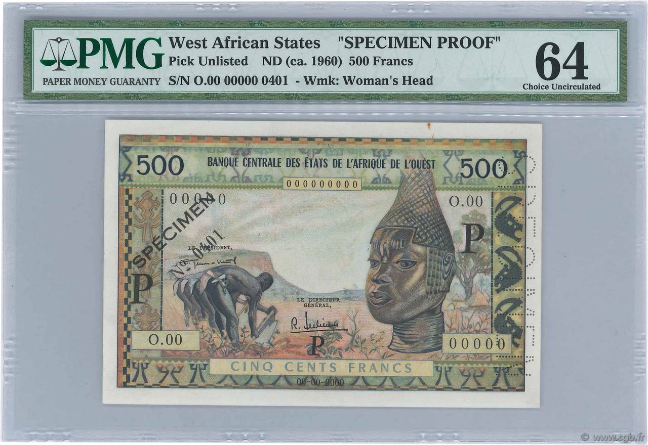 500 Francs Spécimen STATI AMERICANI AFRICANI  1957 P.003sp q.FDC