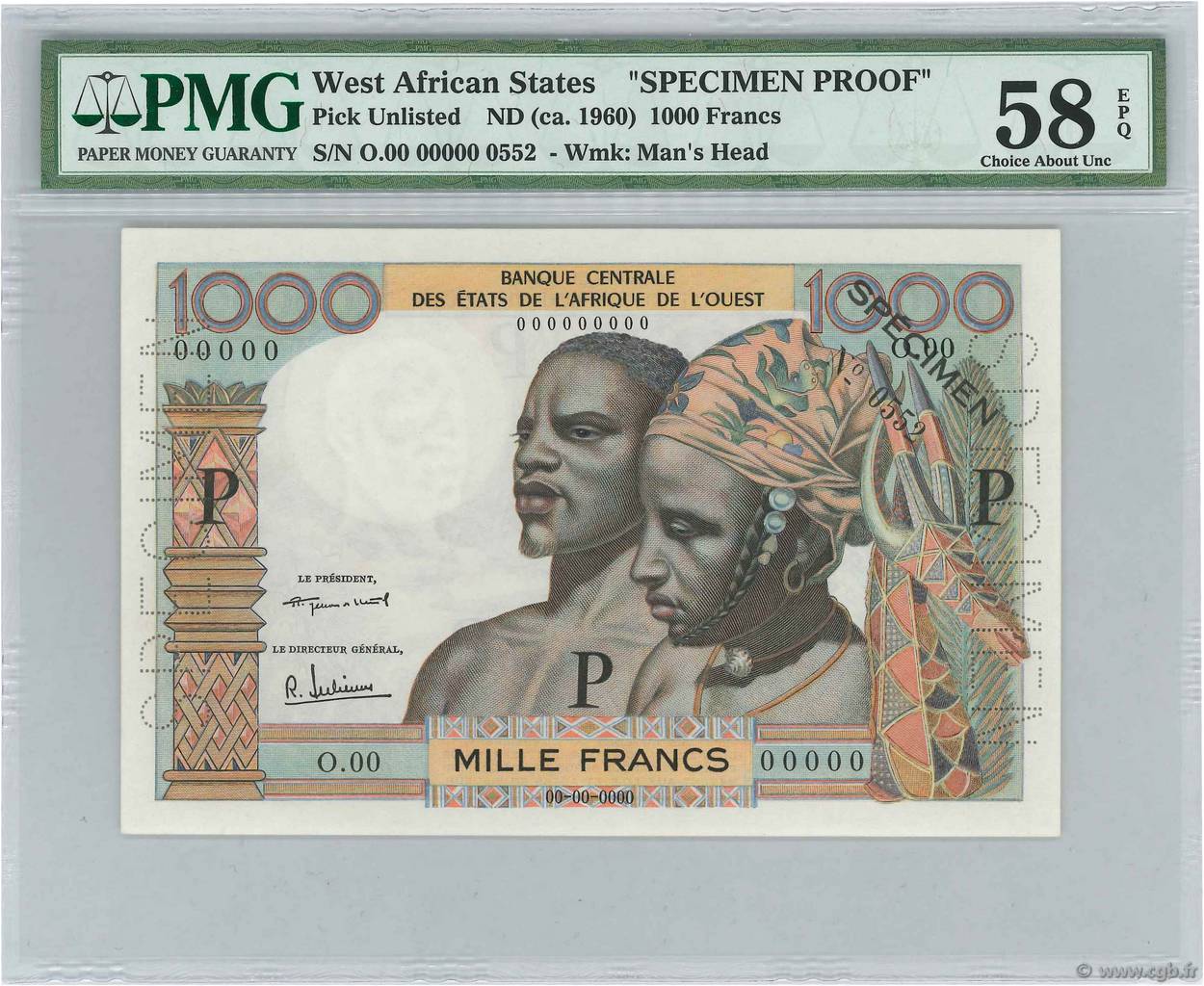 1000 Francs Spécimen STATI AMERICANI AFRICANI  1960 P.103sp q.FDC