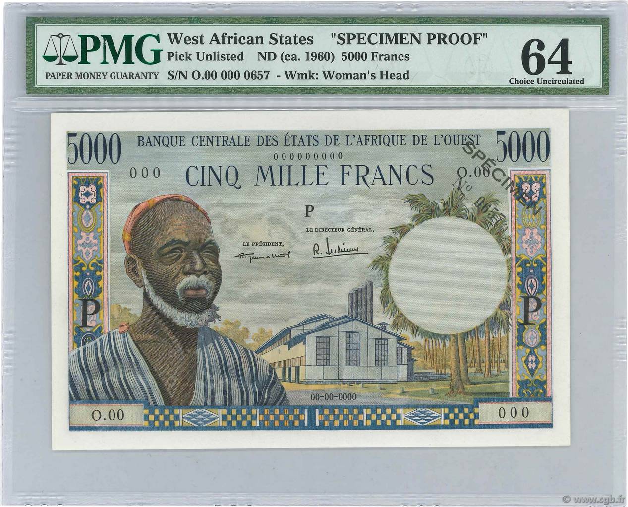 5000 Francs Spécimen ESTADOS DEL OESTE AFRICANO  1960 P.100sp SC+