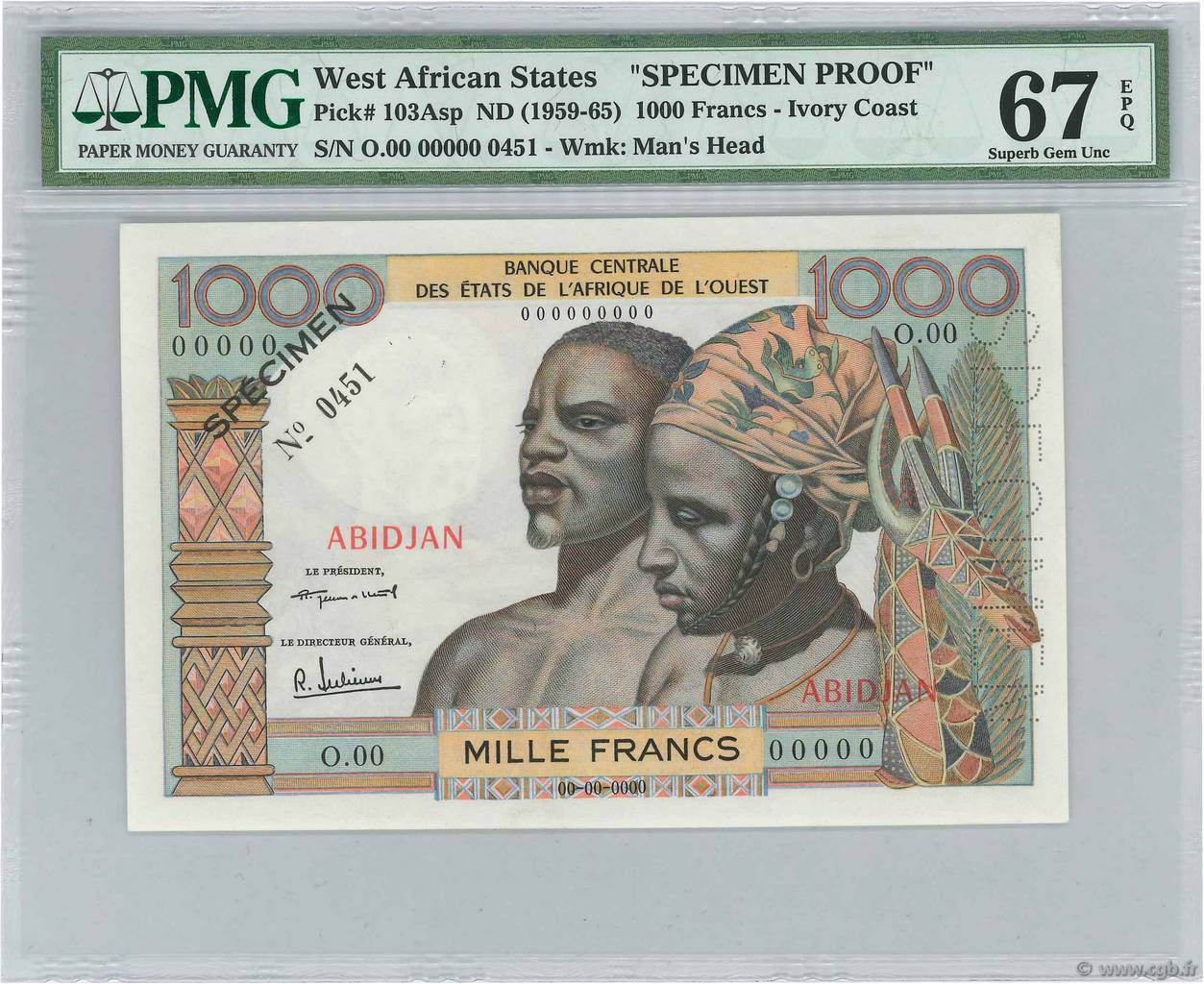 1000 Francs Spécimen WEST AFRIKANISCHE STAATEN Abidjan 1960 P.103Asp fST+
