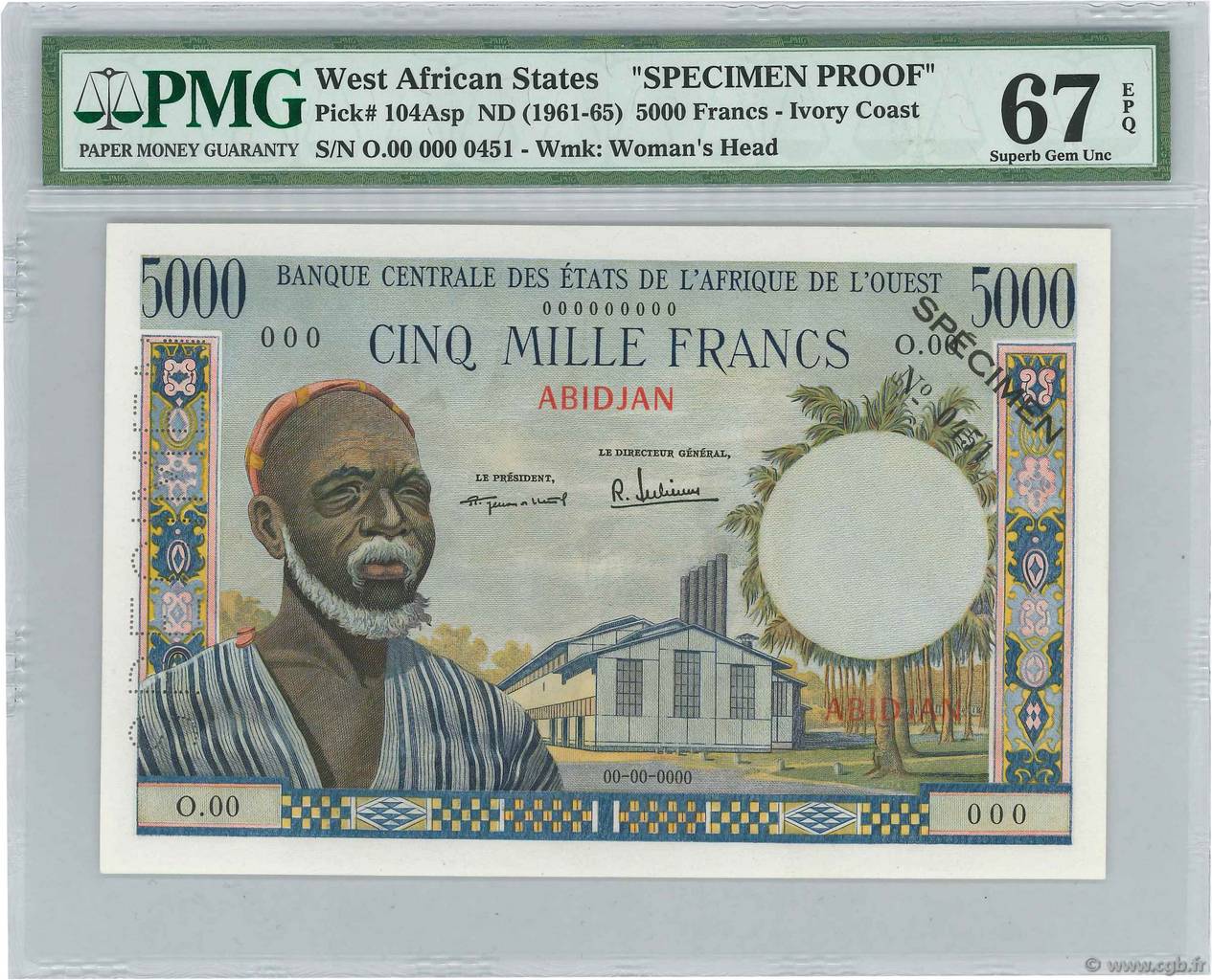 5000 Francs Spécimen ESTADOS DEL OESTE AFRICANO Abidjan 1960 P.104Asp FDC