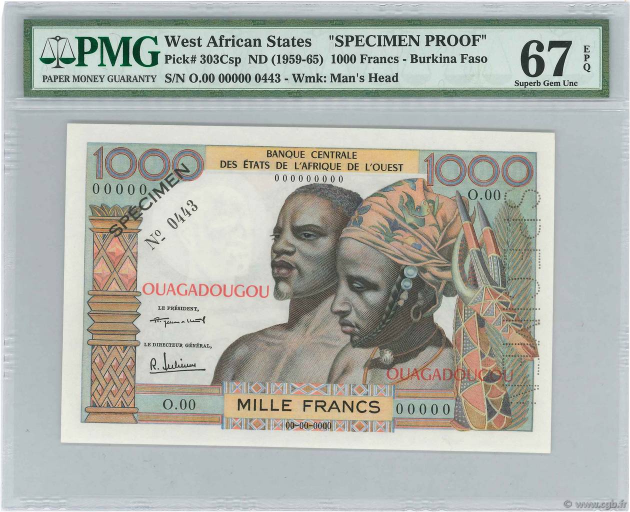 1000 Francs Spécimen WEST AFRICAN STATES Ouagadougou 1960 P.303Csp UNC-