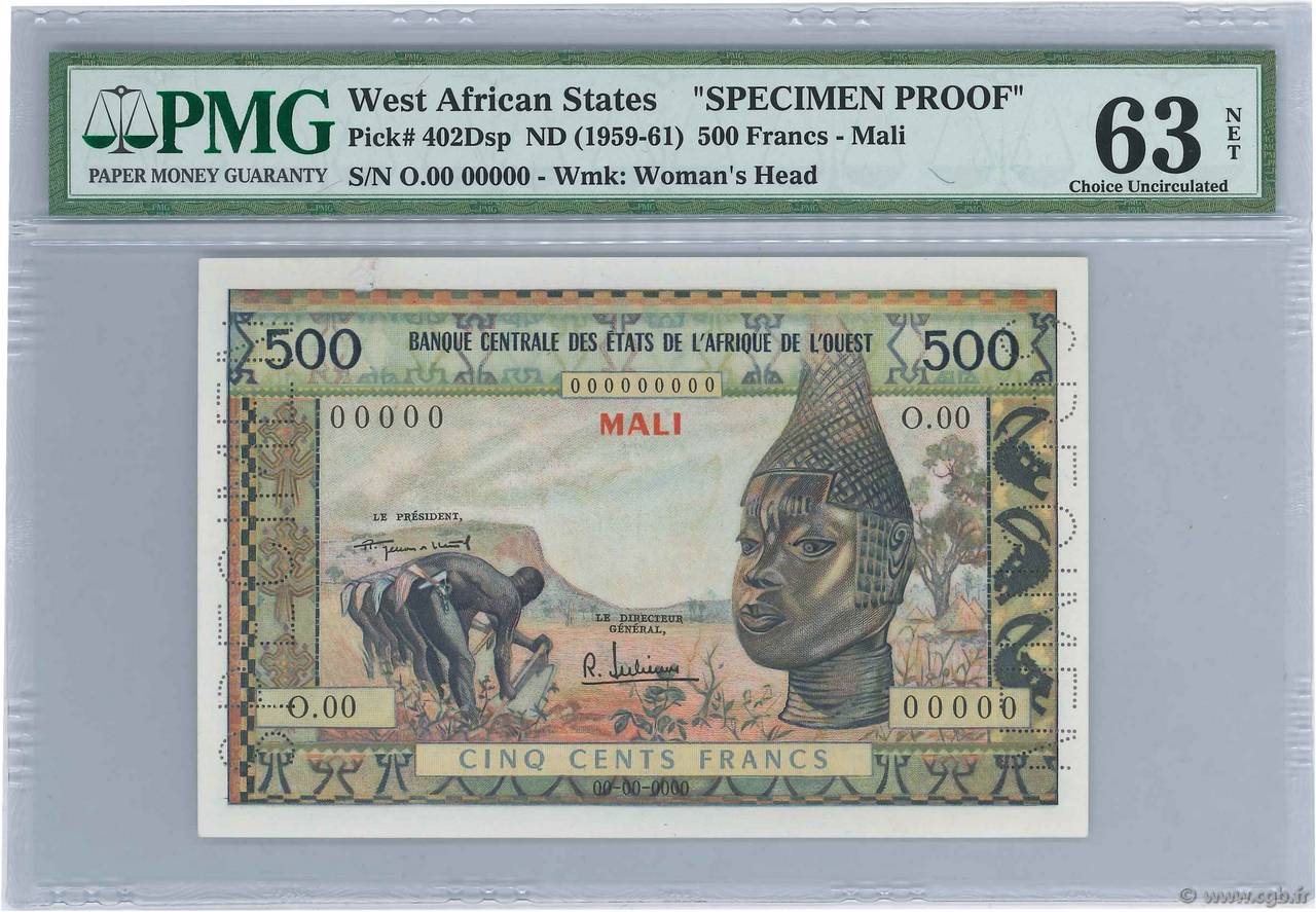 500 Francs Spécimen STATI AMERICANI AFRICANI  1957 P.402Dsp q.FDC