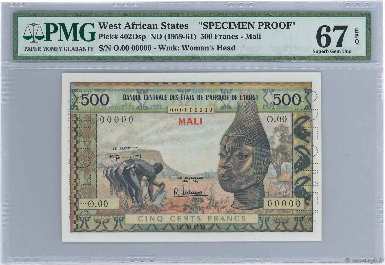 500 Francs Spécimen WEST AFRIKANISCHE STAATEN  1957 P.402Dsp fST+