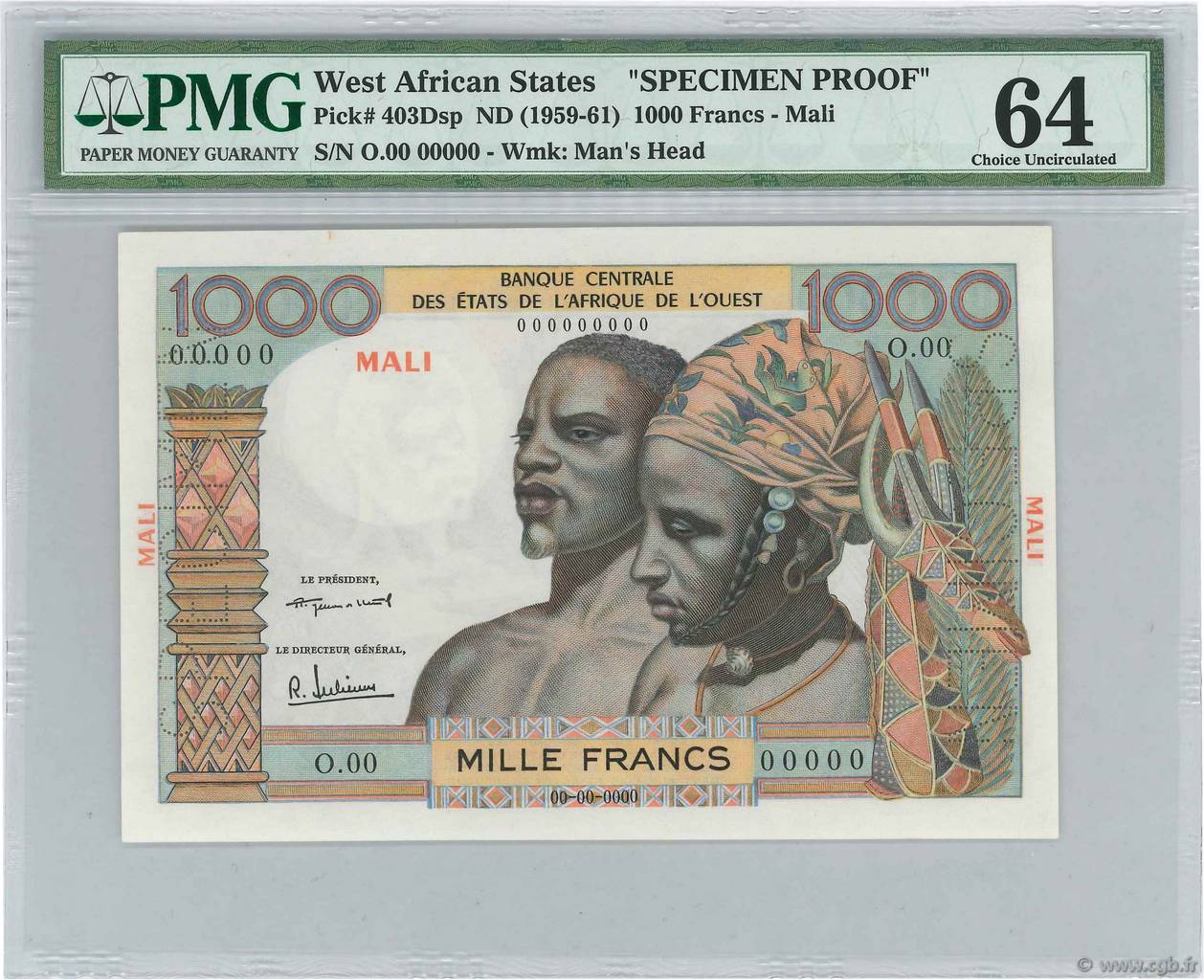 1000 Francs Spécimen ESTADOS DEL OESTE AFRICANO  1960 P.403Dsp1 SC+