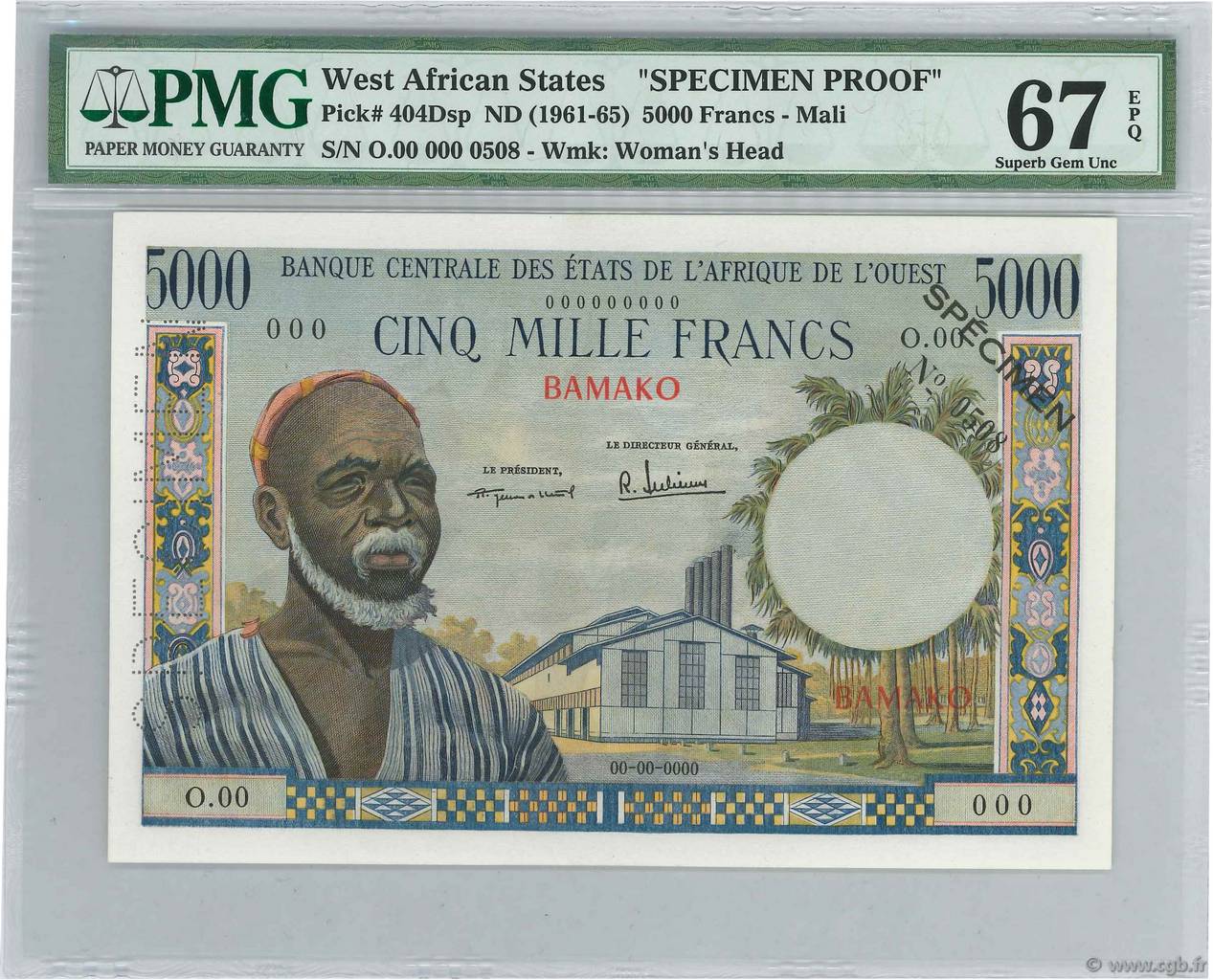 5000 Francs Spécimen ESTADOS DEL OESTE AFRICANO Bamako 1960 P.404Dsp FDC