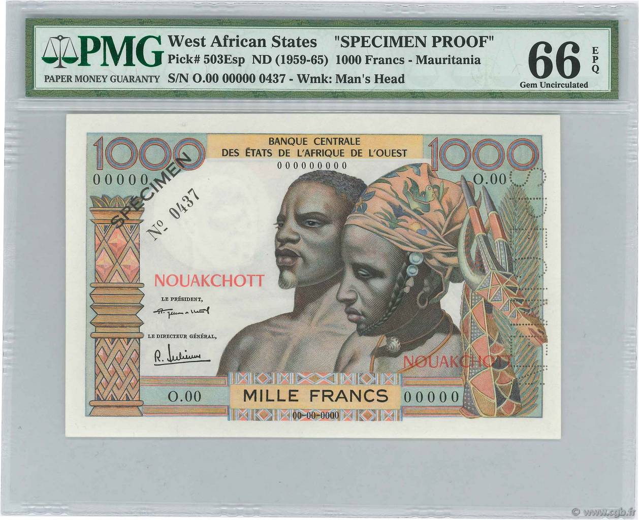 1000 Francs Spécimen WEST AFRIKANISCHE STAATEN Nouakchott 1960 P.503Esp fST+