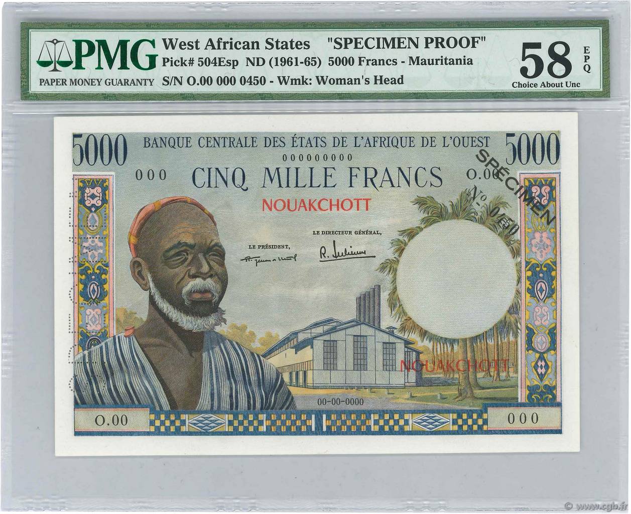 5000 Francs Spécimen ÉTATS DE L AFRIQUE DE L OUEST Nouakchott 1960 P.504Esp pr.NEUF