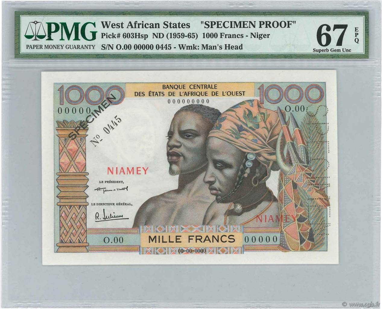 1000 Francs Spécimen WEST AFRICAN STATES Niamey 1960 P.603Hsp UNC