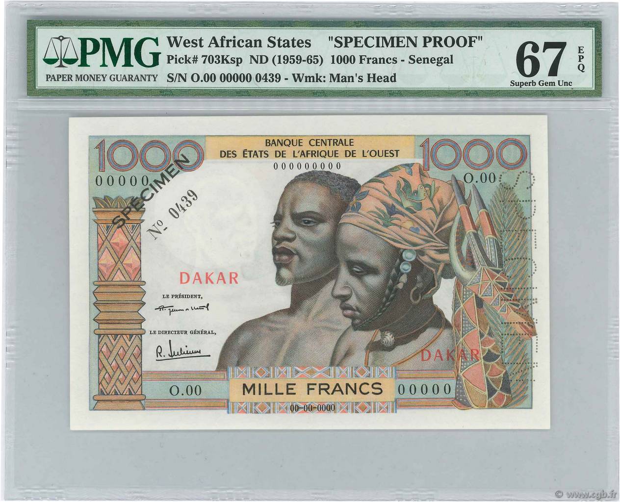 1000 Francs Spécimen ÉTATS DE L AFRIQUE DE L OUEST Dakar 1960 P.703Ksp NEUF
