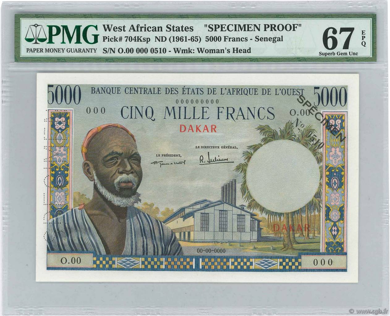 5000 Francs Spécimen ESTADOS DEL OESTE AFRICANO  1960 P.704Ksp FDC