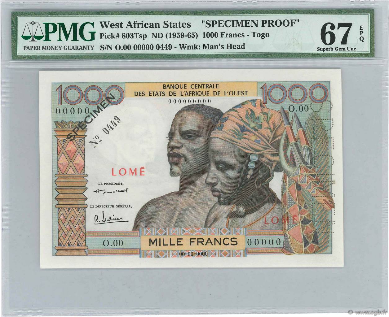 1000 Francs Spécimen STATI AMERICANI AFRICANI Lomé 1960 P.803Tsp FDC