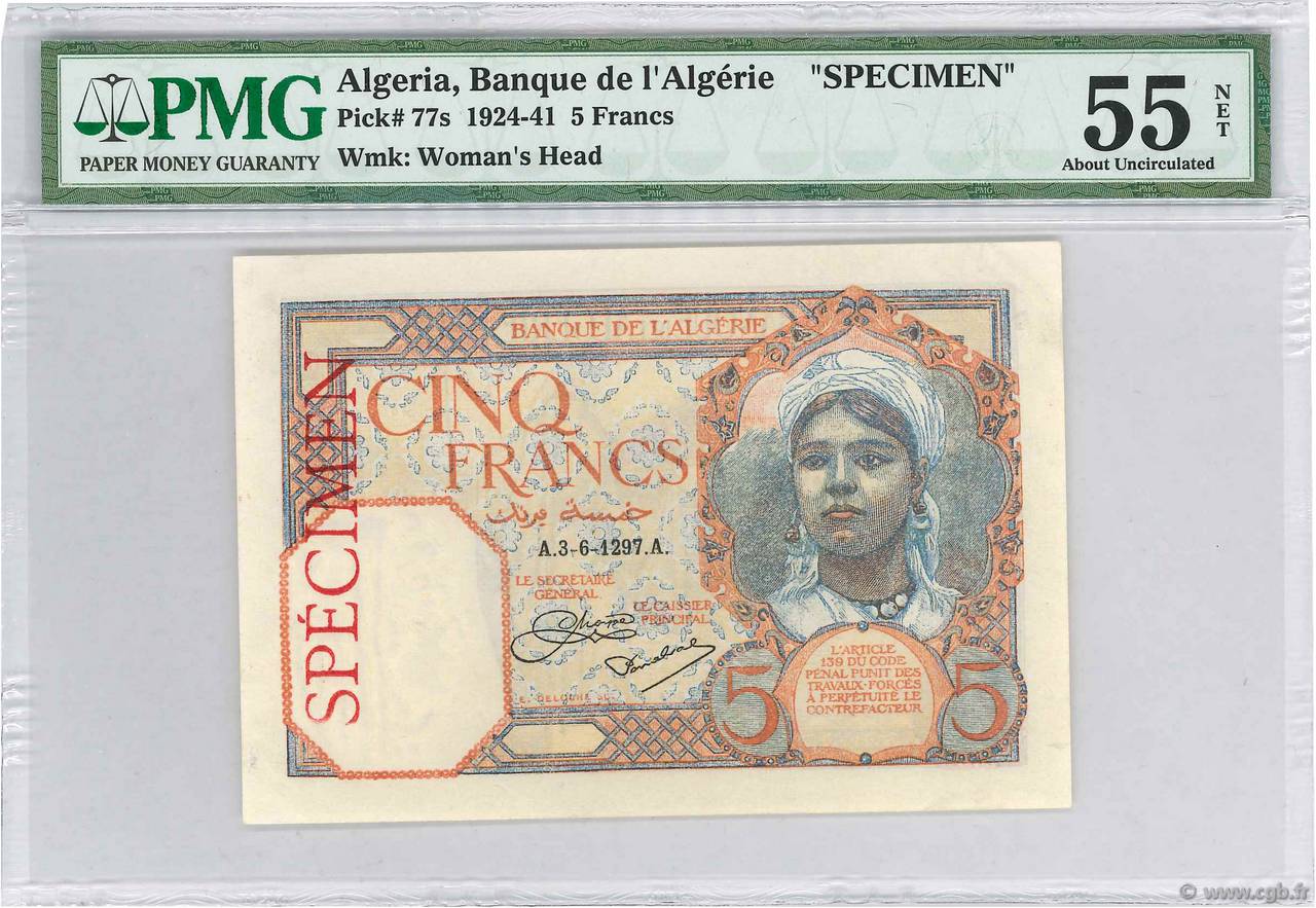 5 Francs Spécimen ALGERIA  1927 P.077s AU