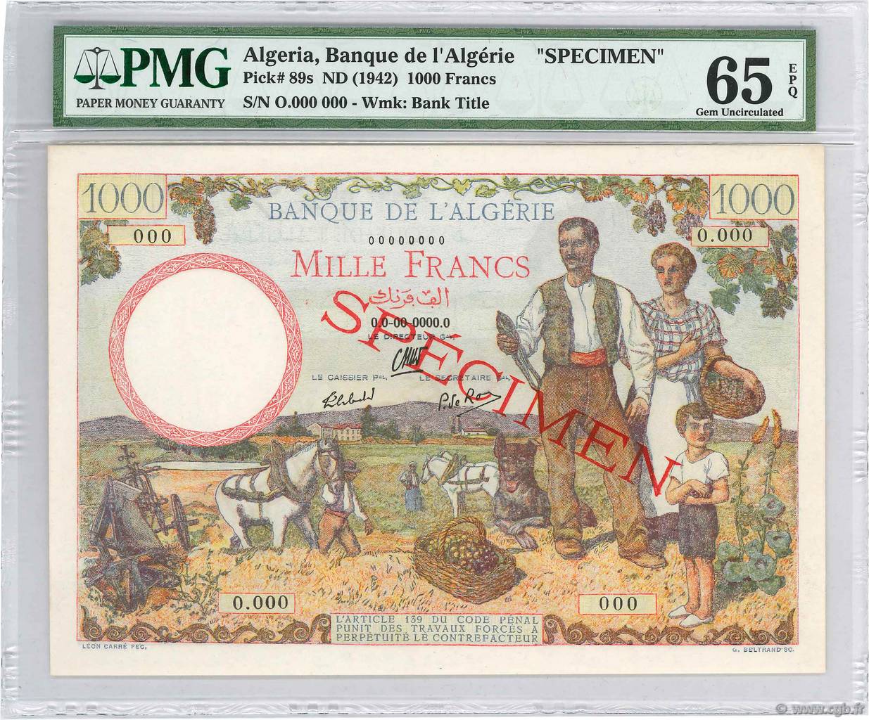 1000 Francs Spécimen ALGERIA  1942 P.089s FDC