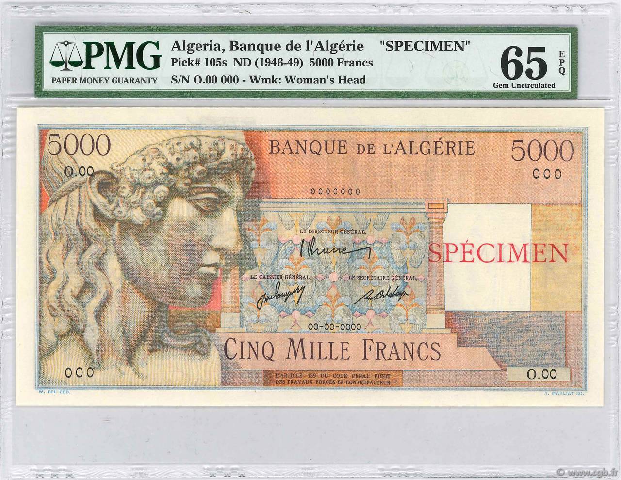 5000 Francs Spécimen ALGERIA  1946 P.105s UNC