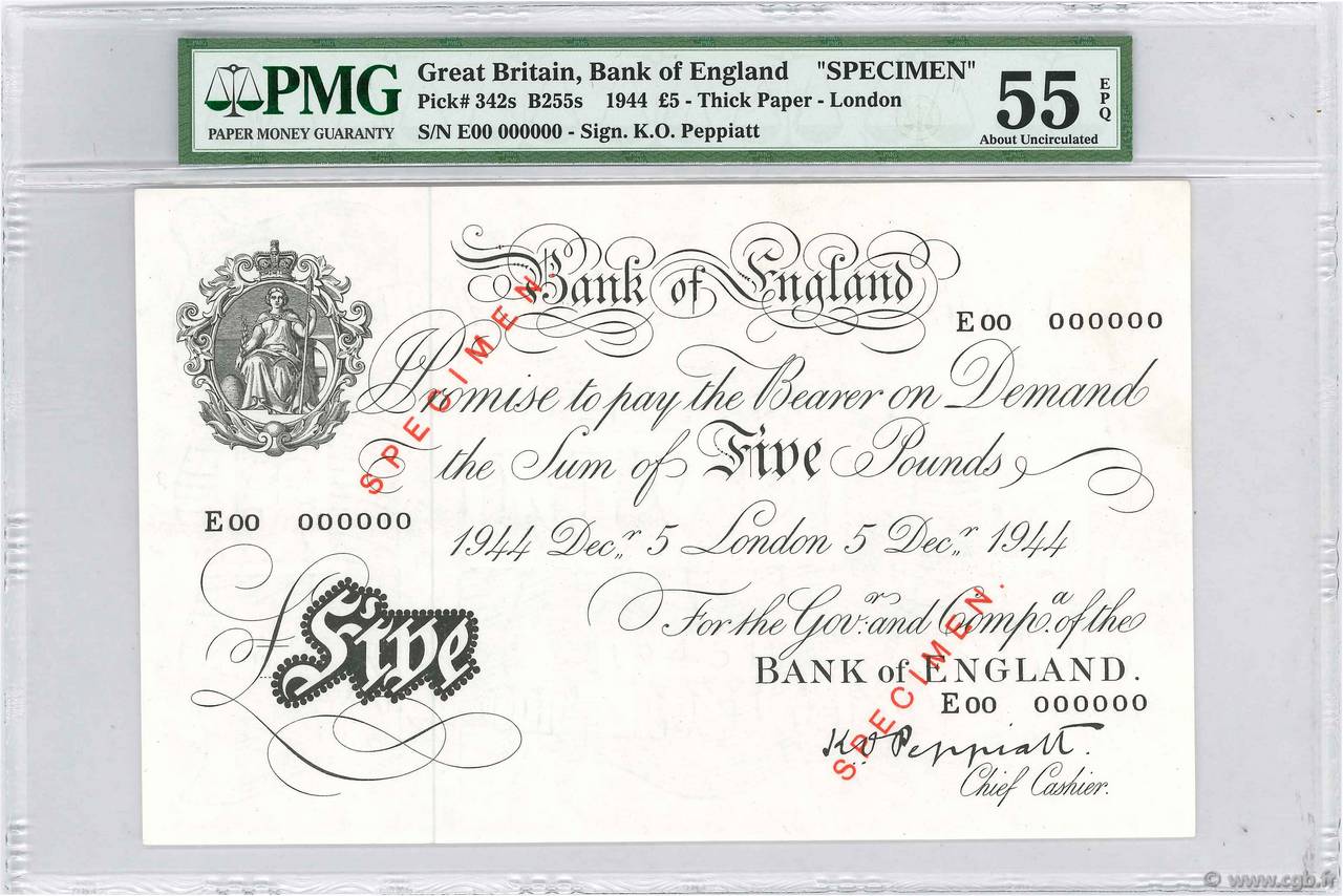 5 Pounds Spécimen ENGLAND  1944 P.342s fST+