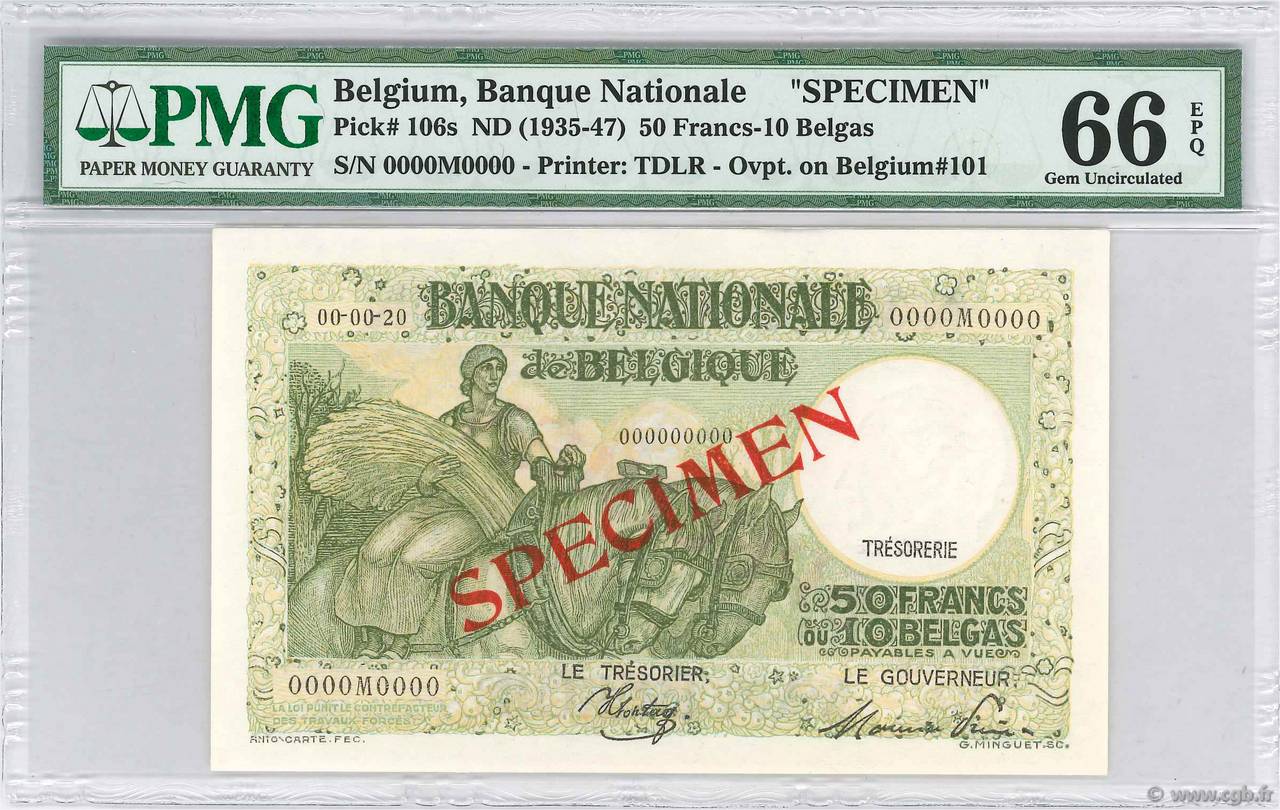 50 Francs - 10 Belgas Spécimen BÉLGICA  1935 P.106s FDC