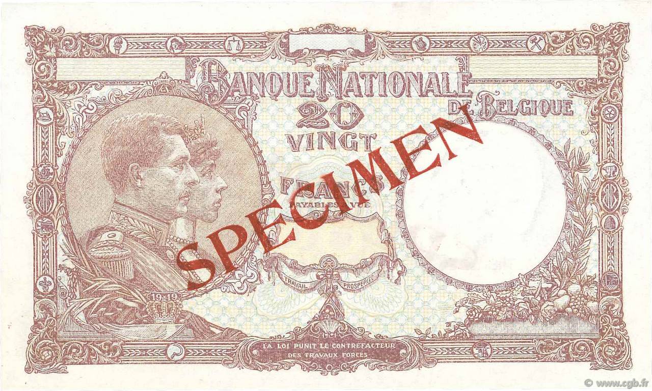 20 Francs Spécimen BELGIQUE  1940 P.111s pr.NEUF