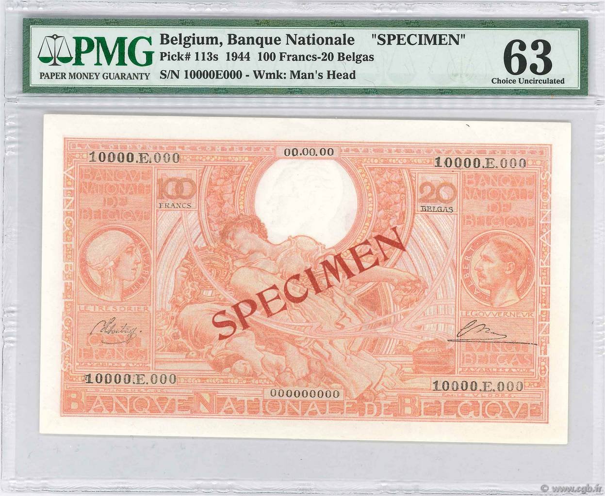 100 Francs - 20 Belgas Spécimen BELGIUM  1944 P.113s UNC-
