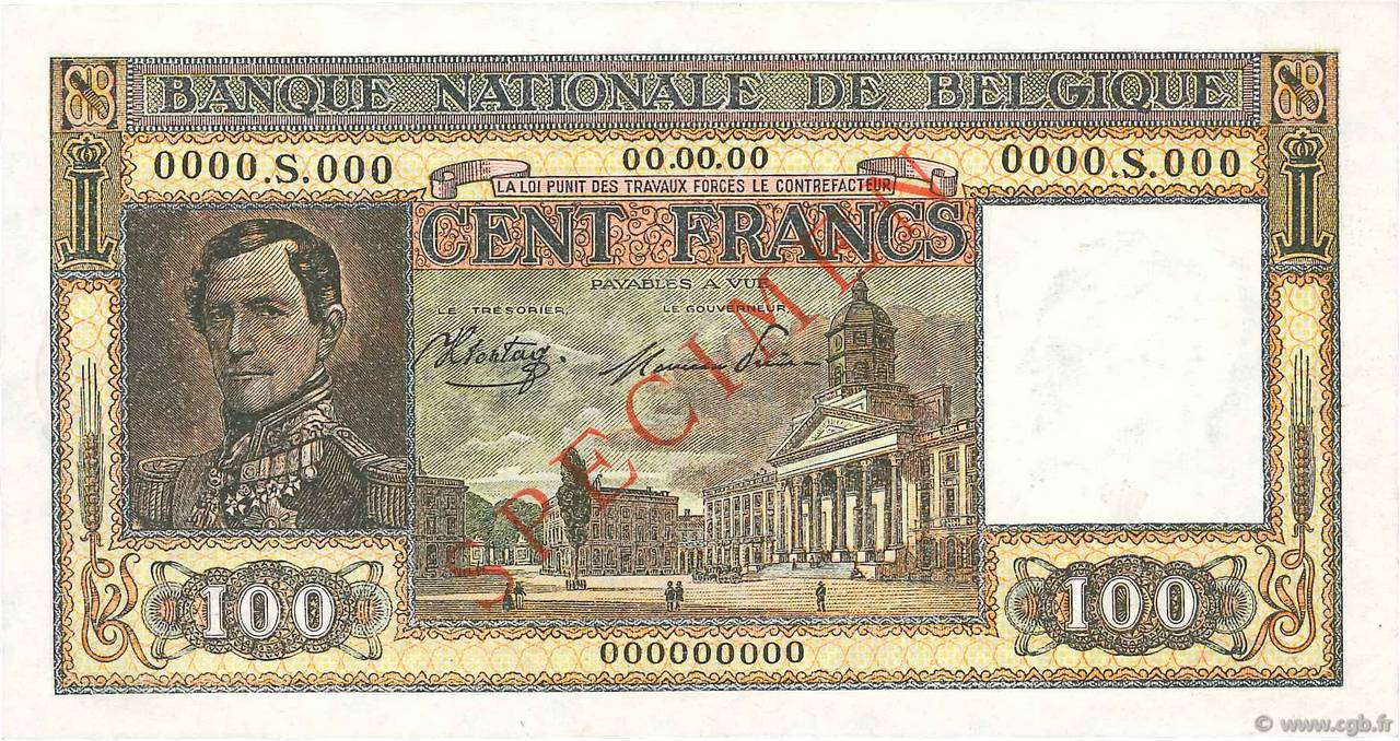 100 Francs Spécimen BELGIUM  1945 P.126s AU