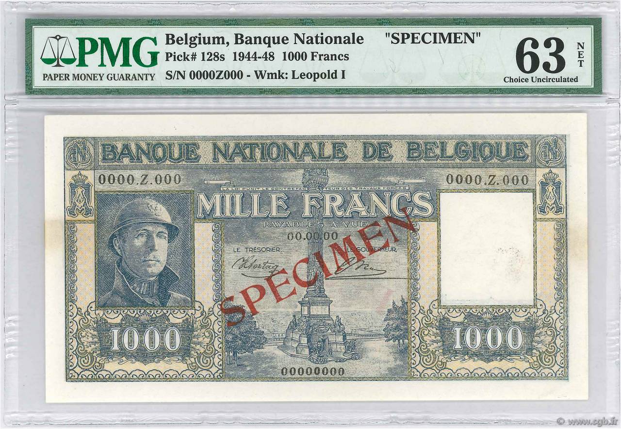 1000 Francs Spécimen BELGIO  1944 P.128s AU