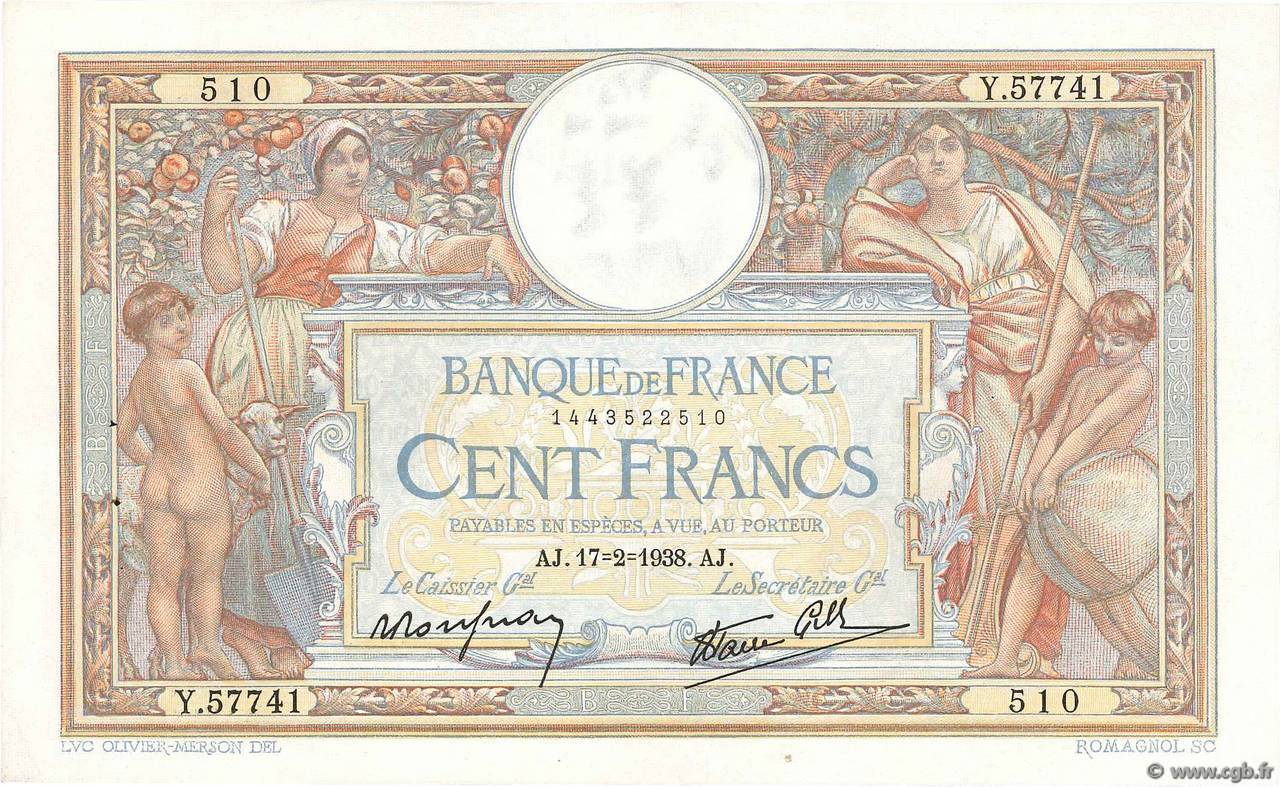 100 Francs LUC OLIVIER MERSON type modifié FRANCE  1938 F.25.11 XF