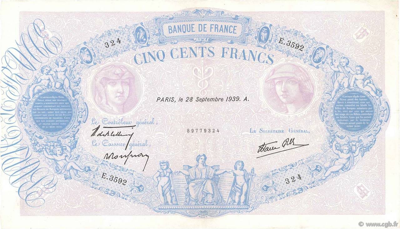 500 Francs BLEU ET ROSE modifié FRANCE  1939 F.31.41 XF-