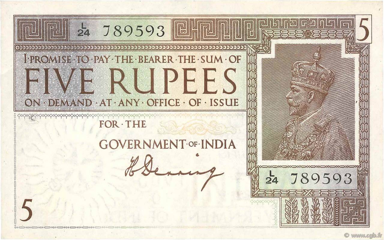 5 Rupees INDIA
  1920 P.004a SPL+