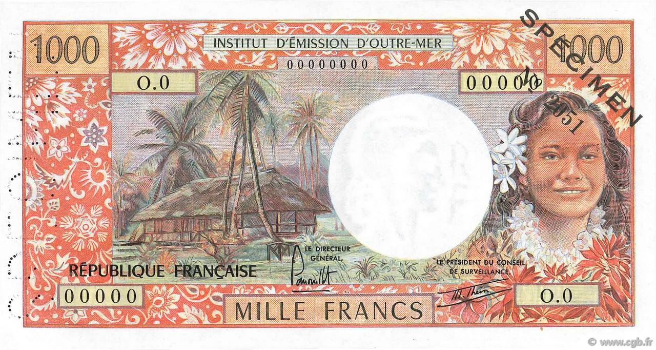 1000 Francs Spécimen TAHITI  1977 P.27bs ST