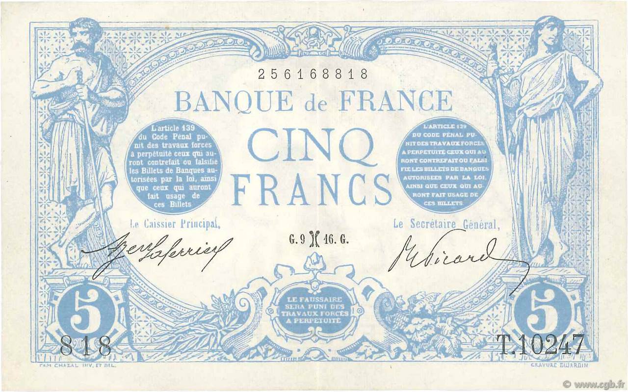 5 Francs BLEU FRANCIA  1916 F.02.36 SPL+