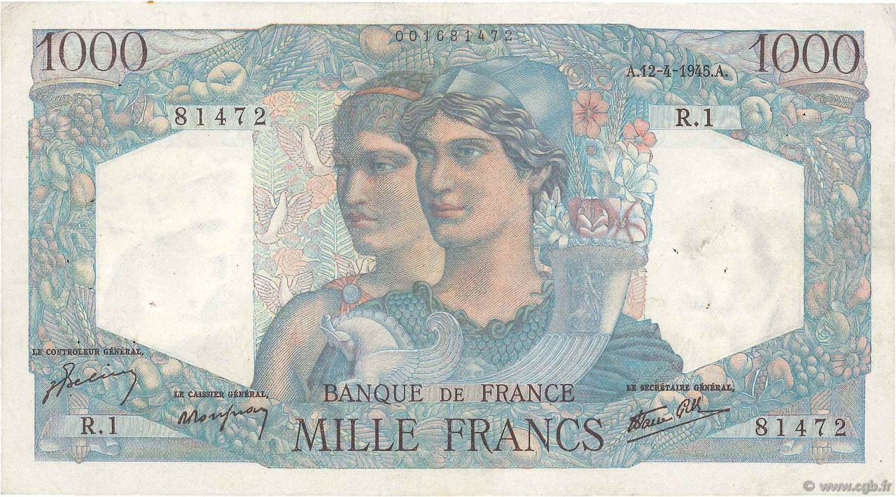 1000 Francs MINERVE ET HERCULE FRANCE  1945 F.41.01 TTB