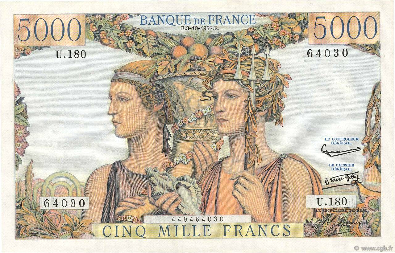 5000 Francs TERRE ET MER FRANKREICH  1957 F.48.17 VZ+