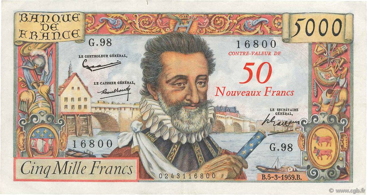 50 NF sur 5000 Francs HENRI IV FRANCE  1959 F.54.02 VF+