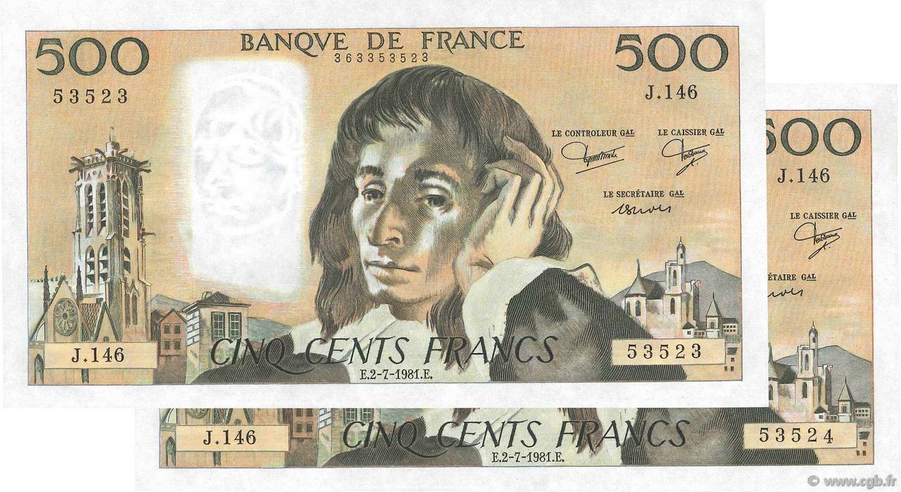 500 Francs PASCAL Consécutifs FRANCIA  1981 F.71.25 AU