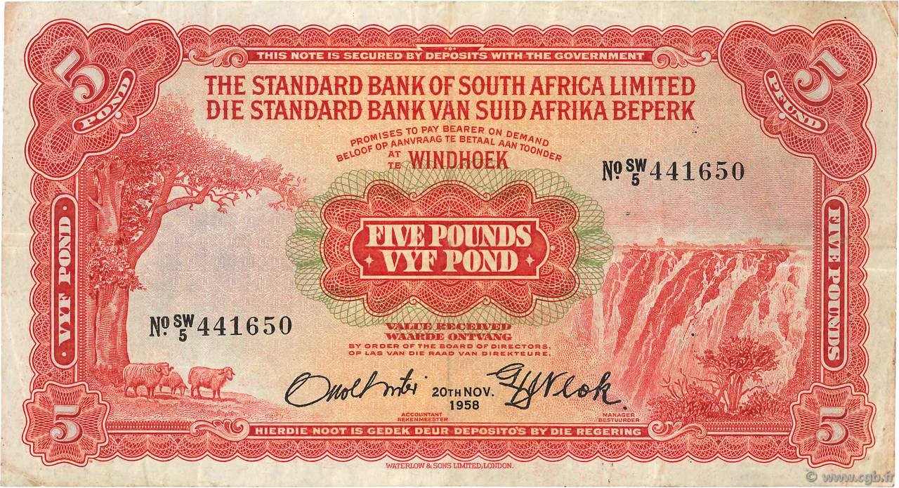 5 Pounds SOUTH WEST AFRICA  1958 P.12b S