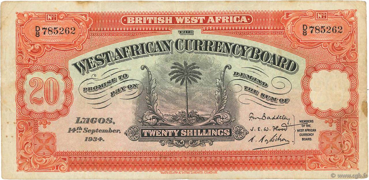 20 Shillings AFRIQUE OCCIDENTALE BRITANNIQUE  1934 P.08a pr.TB