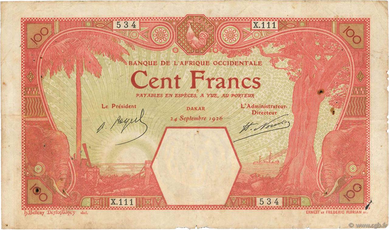100 Francs DAKAR FRENCH WEST AFRICA Dakar 1926 P.11Bb MB