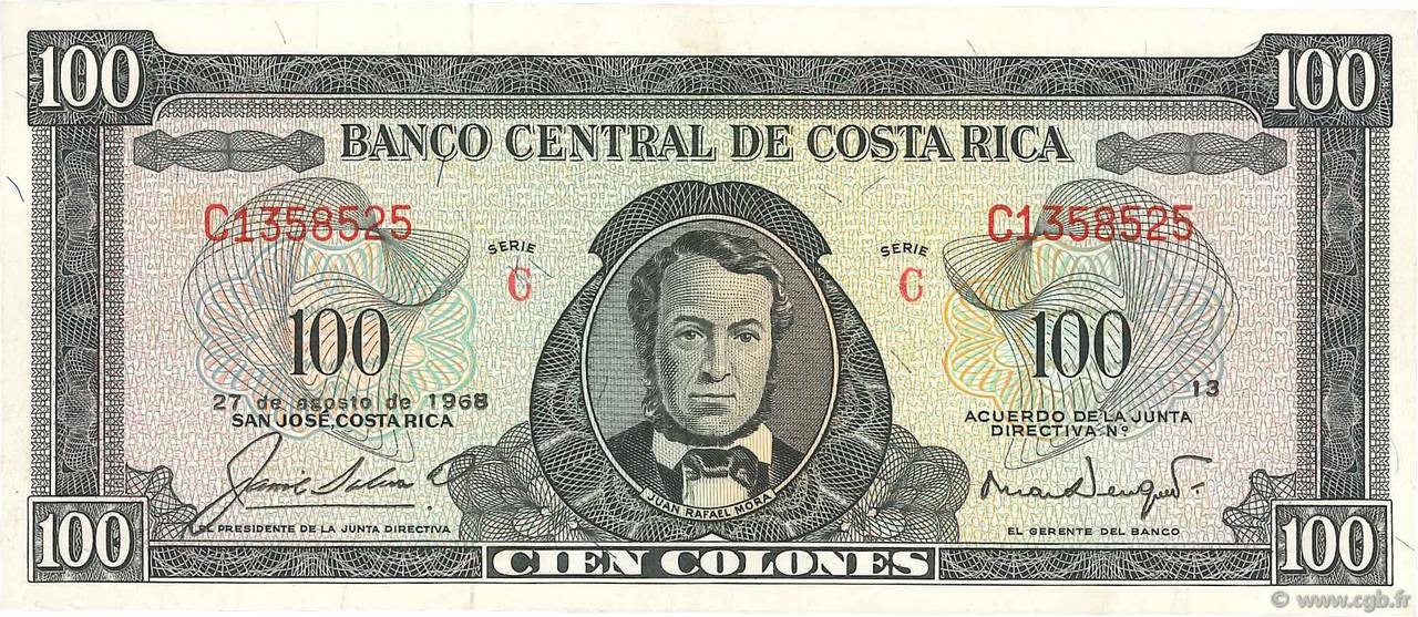 100 Colones COSTA RICA  1968 P.234a AU+