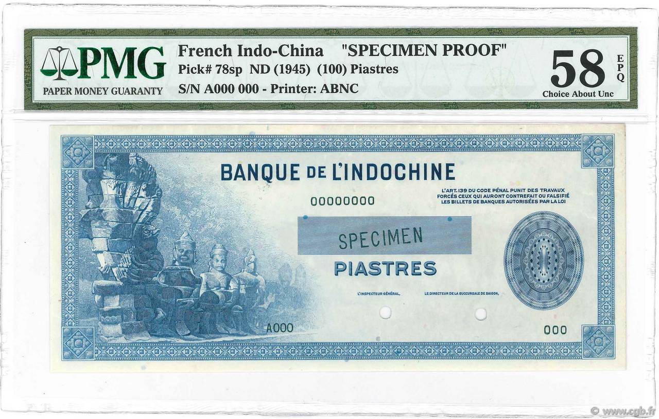 (100) Piastres Spécimen INDOCHINE FRANÇAISE  1945 P.078s SPL