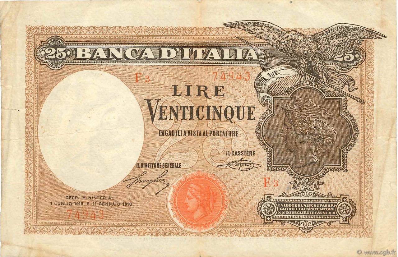 25 Lire ITALIA  1918 P.042a BC+