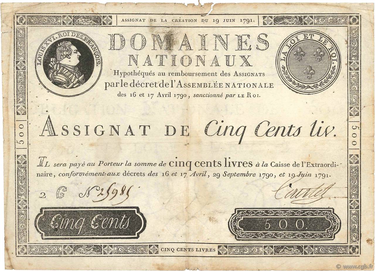 500 Livres FRANCE  1791 Ass.16a F