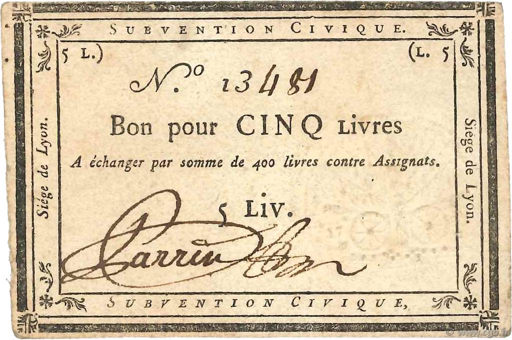 5 Livres FRANCE regionalism and miscellaneous Lyon 1793 Kol.134 XF