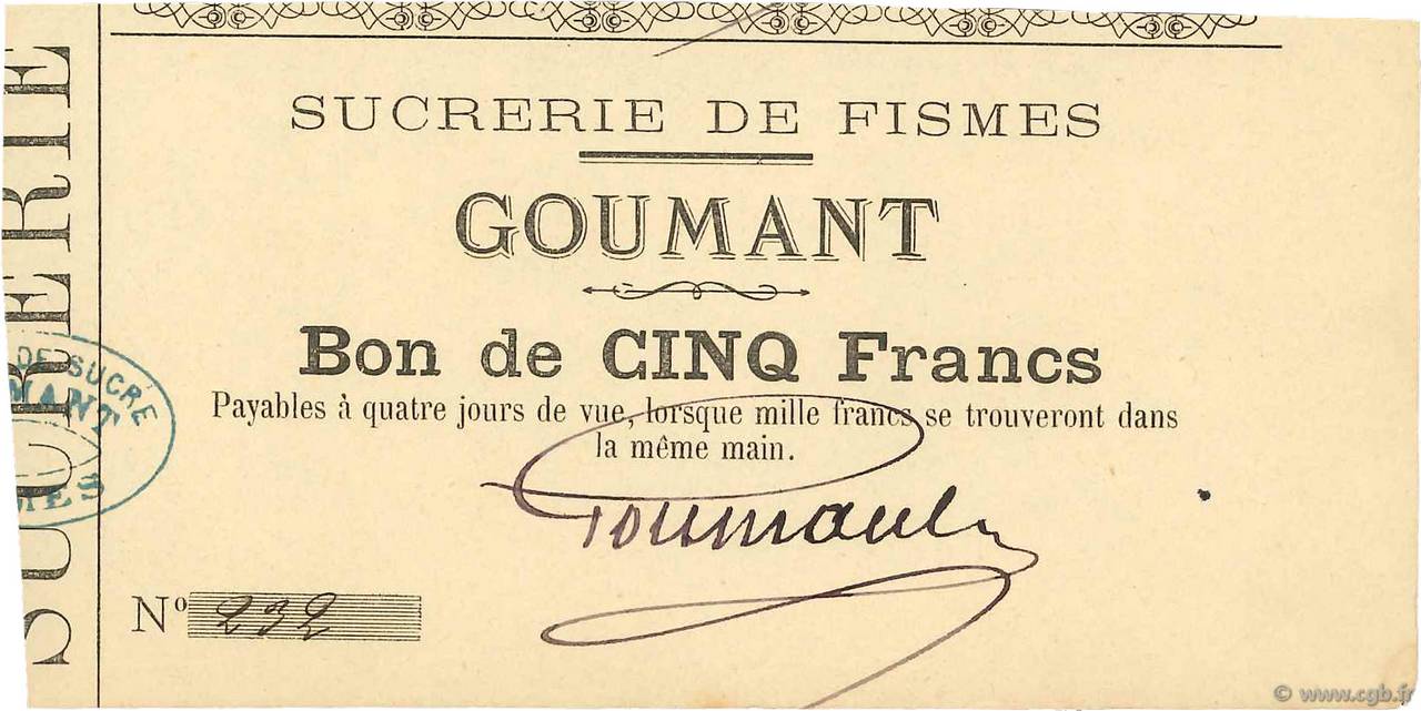 5 Francs FRANCE régionalisme et divers Fismes 1870 JER.51.03C pr.SPL