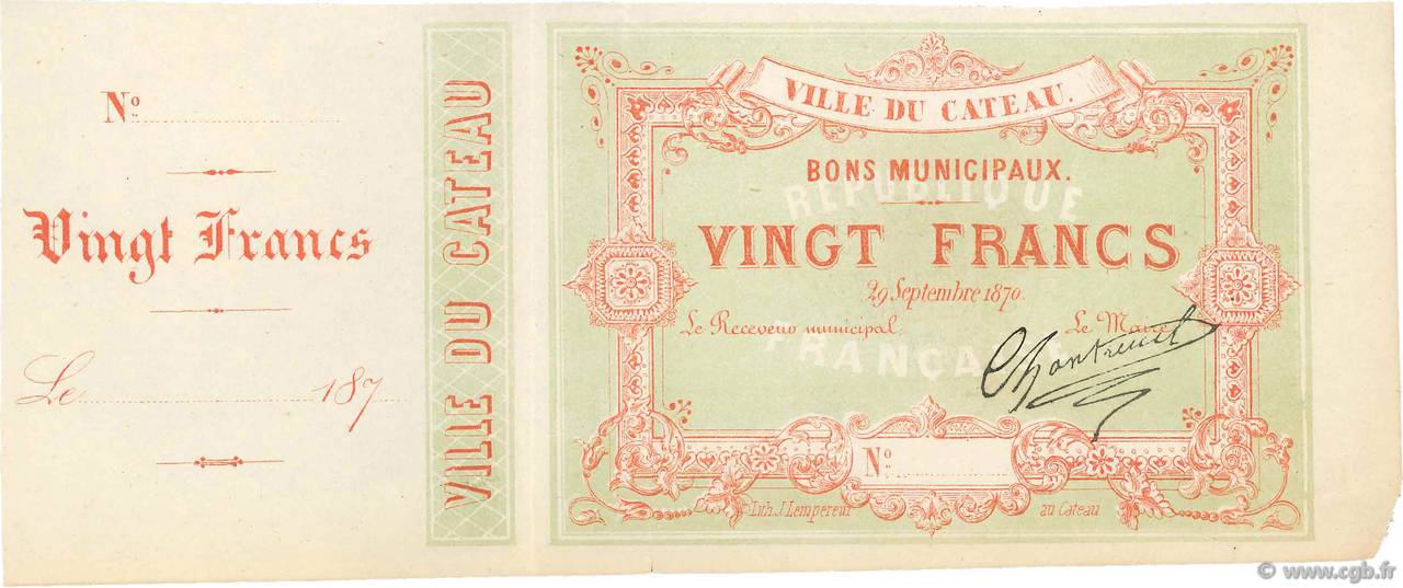20 Francs FRANCE régionalisme et divers Le Cateau 1870 JER.59.20E TTB