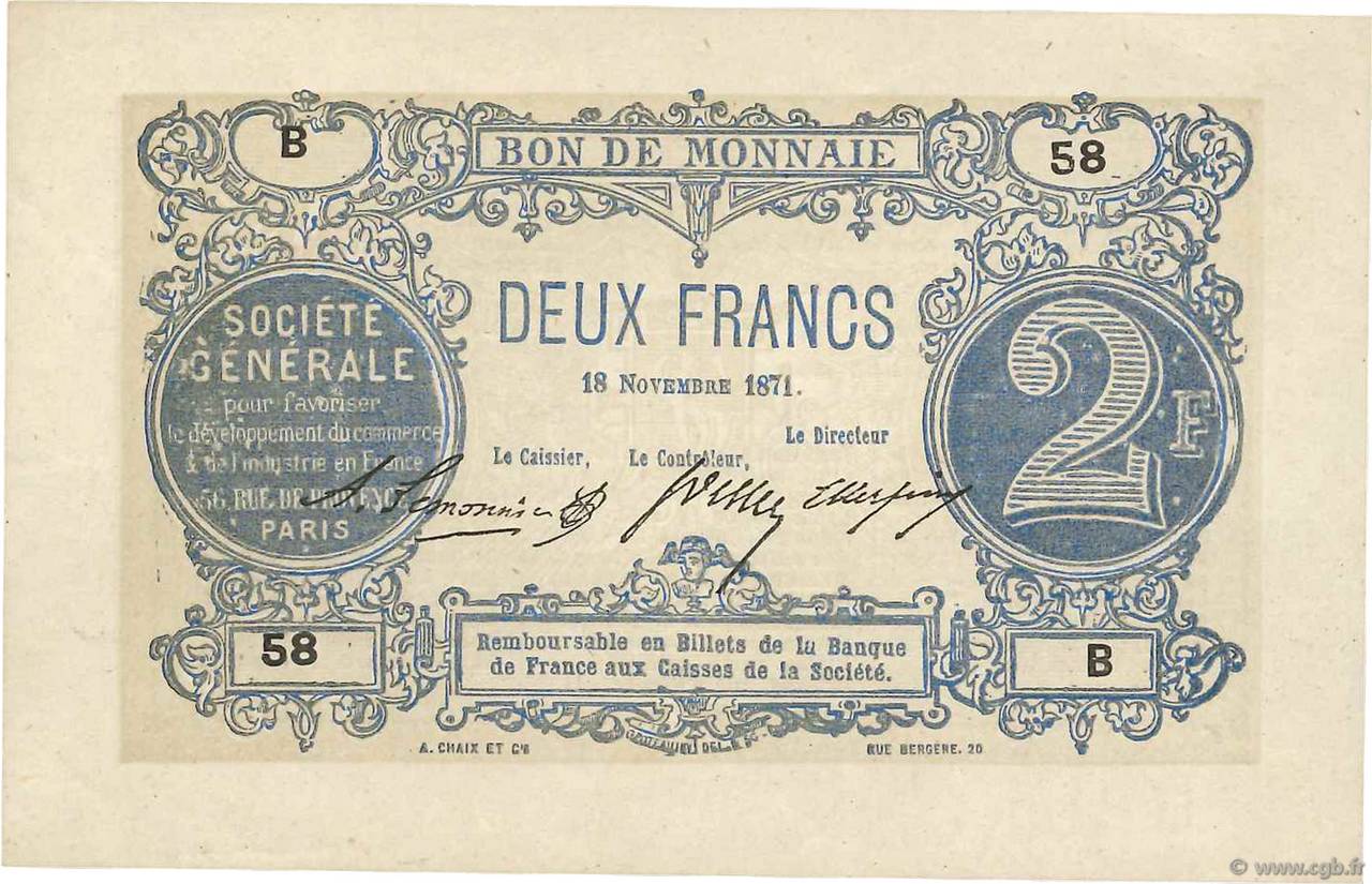 2 Francs FRANCE regionalismo y varios Paris 1871 JER.75.02B MBC+