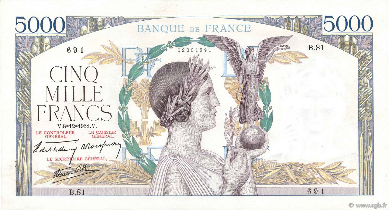5000 Francs VICTOIRE Impression à plat FRANCE  1938 F.46.01 SUP+