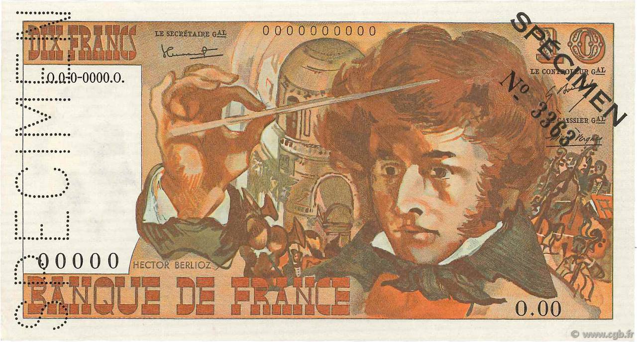 10 Francs BERLIOZ Spécimen FRANKREICH  1972 F.63.01Spn2 VZ+