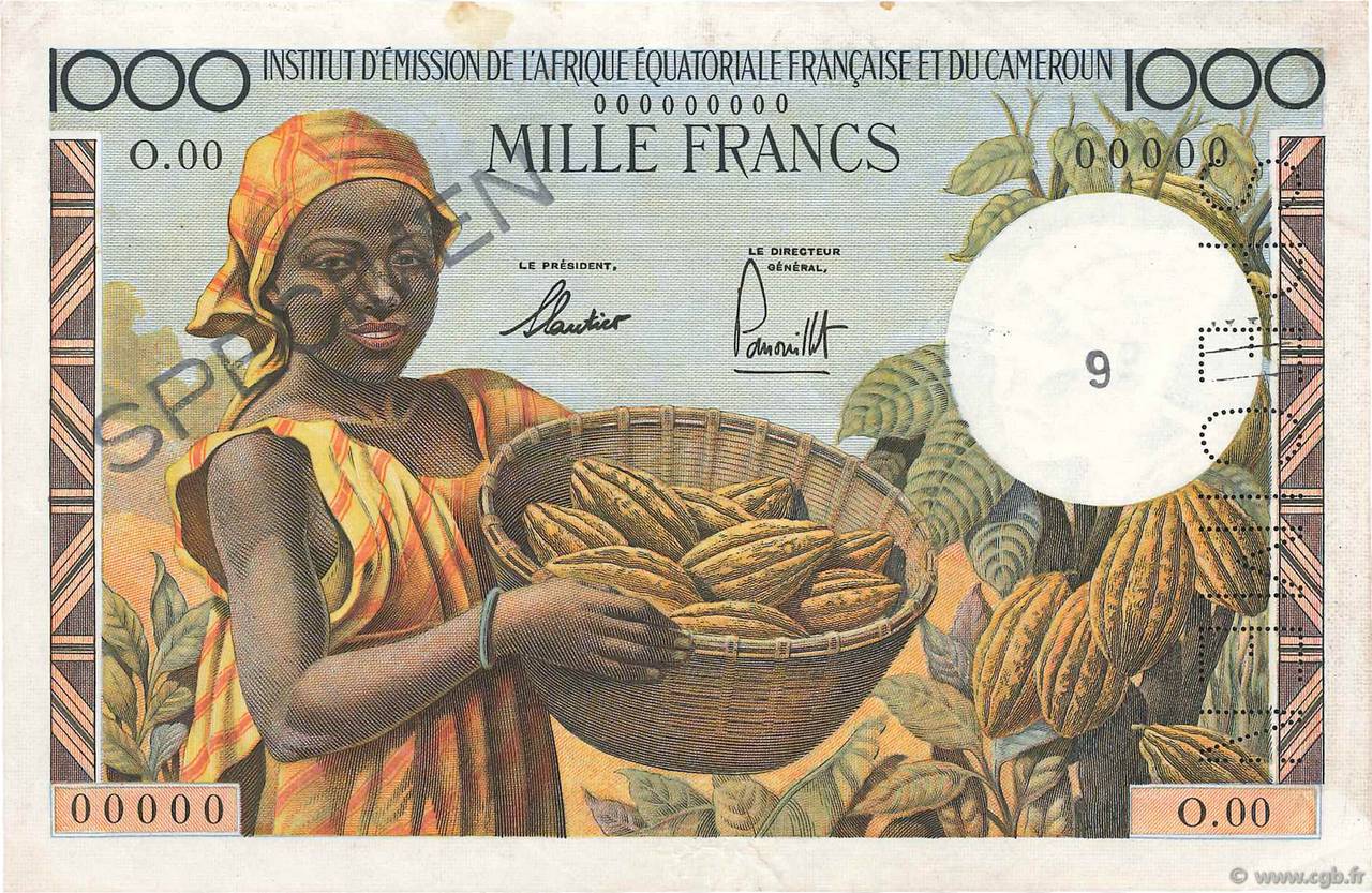 1000 Francs Spécimen AFRIQUE ÉQUATORIALE FRANÇAISE  1957 P.34s MBC