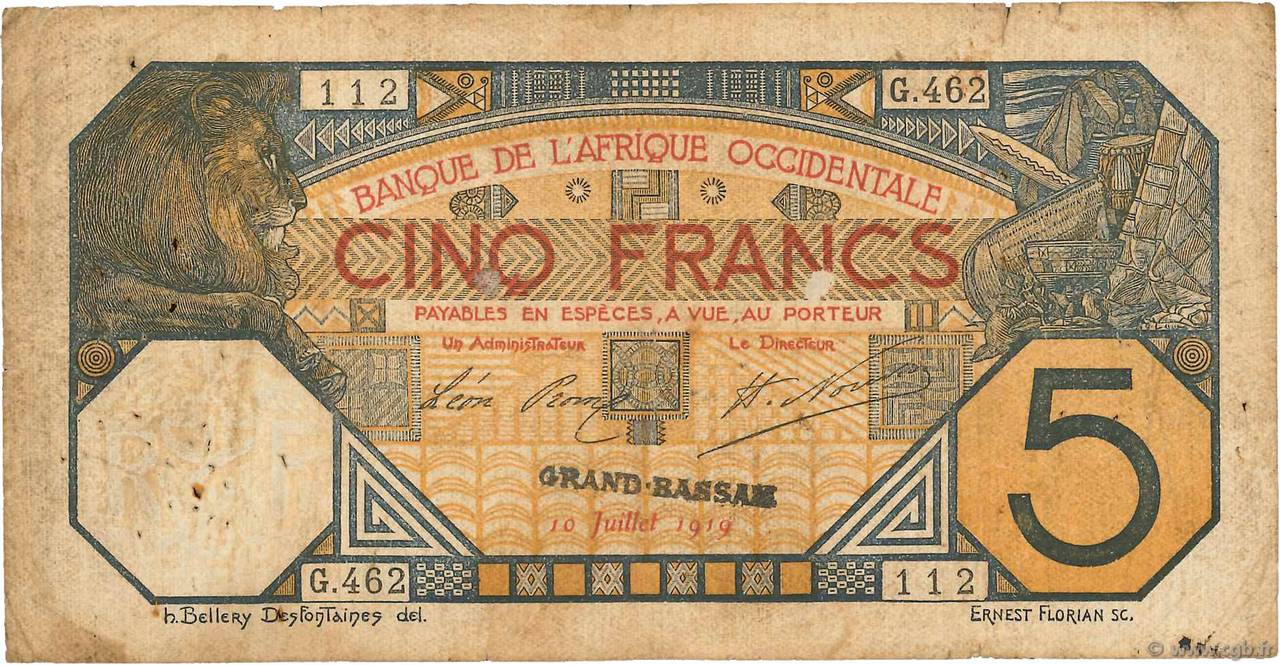 5 Francs GRAND-BASSAM FRENCH WEST AFRICA Grand-Bassam 1919 P.05Db RC+